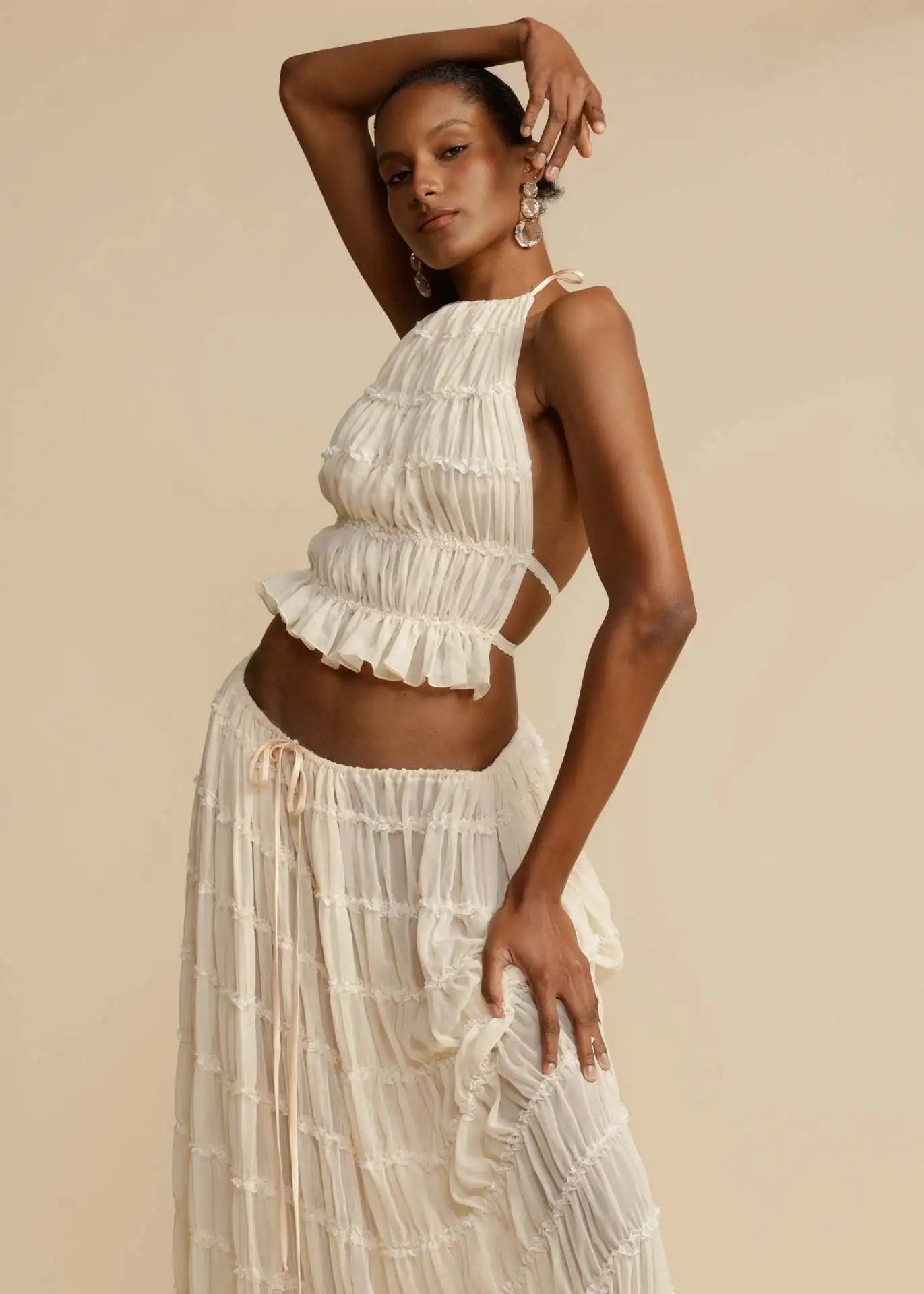 LANA | Backless Sling Top & Lace-Up Fold Maxi Skirt (Two Piece)